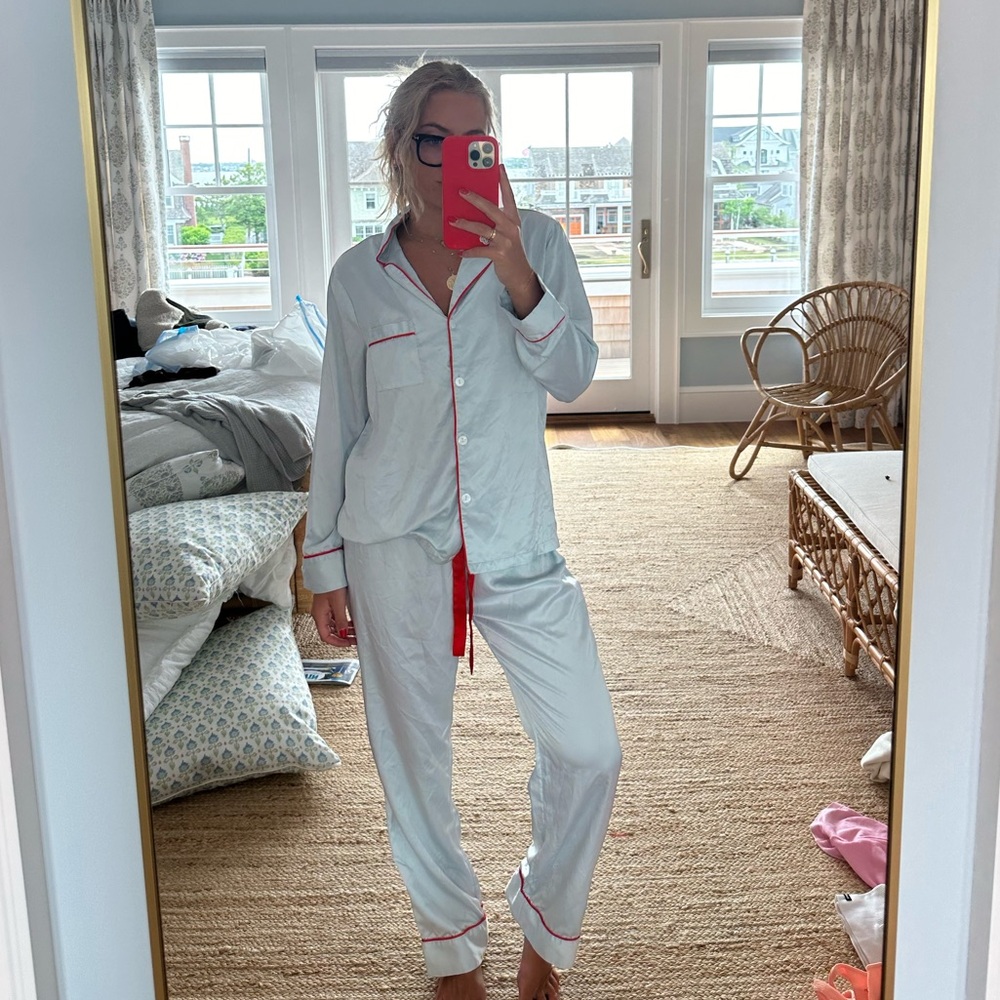 Light blue pajamas with red trim